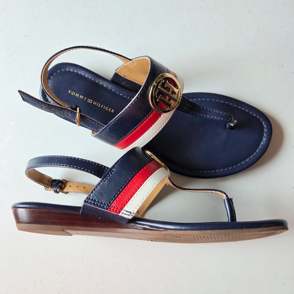 Tommy Hilfiger Jesi Navy Blue Red White Logo‎ Thong Slingback Wedge Sandals 8M - Picture 2 of 9
